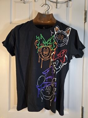 Disney Black Tee with Neon Green, Orange, Red and‎ Purple Drip Art